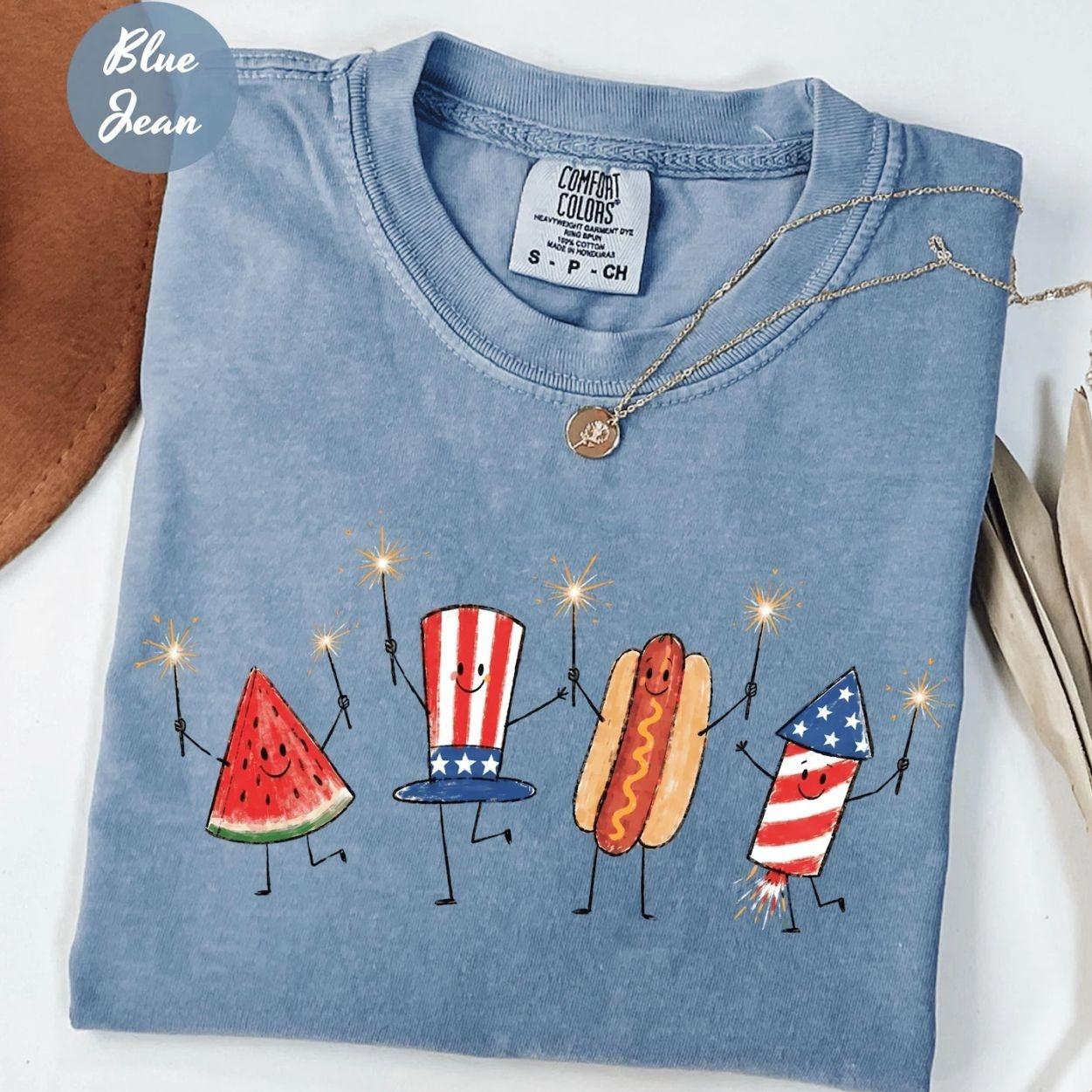 Comfort Colors® Patriotic Doodle, Cute Fourth of July Shirt, Watermelon Hotdog Firework Shirt, Retro American Shirt, Trending 4th of July Day Tee, Casual Outfit, Comfortable Menswear & Womenswear Top, Perfect Gift For Men and Women, May30