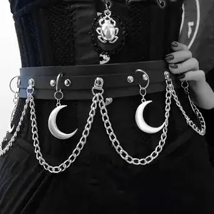 Women's Gothic Punk Statement Belt - Black PU Leather Waistband with Moon Pendant Chain Fringe, Waist Accessories for Girls, Statement Belts