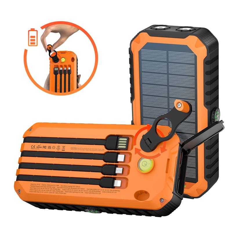 citicr 40000mAh solar hand-held power bank, with 4 built-in cables for output and input, super bright flashlight, level gauge, compass, 6 output PD20W fast charging, hand-cranked point charger, suitable for outdoor camping, fishing, mountain climbing, etc