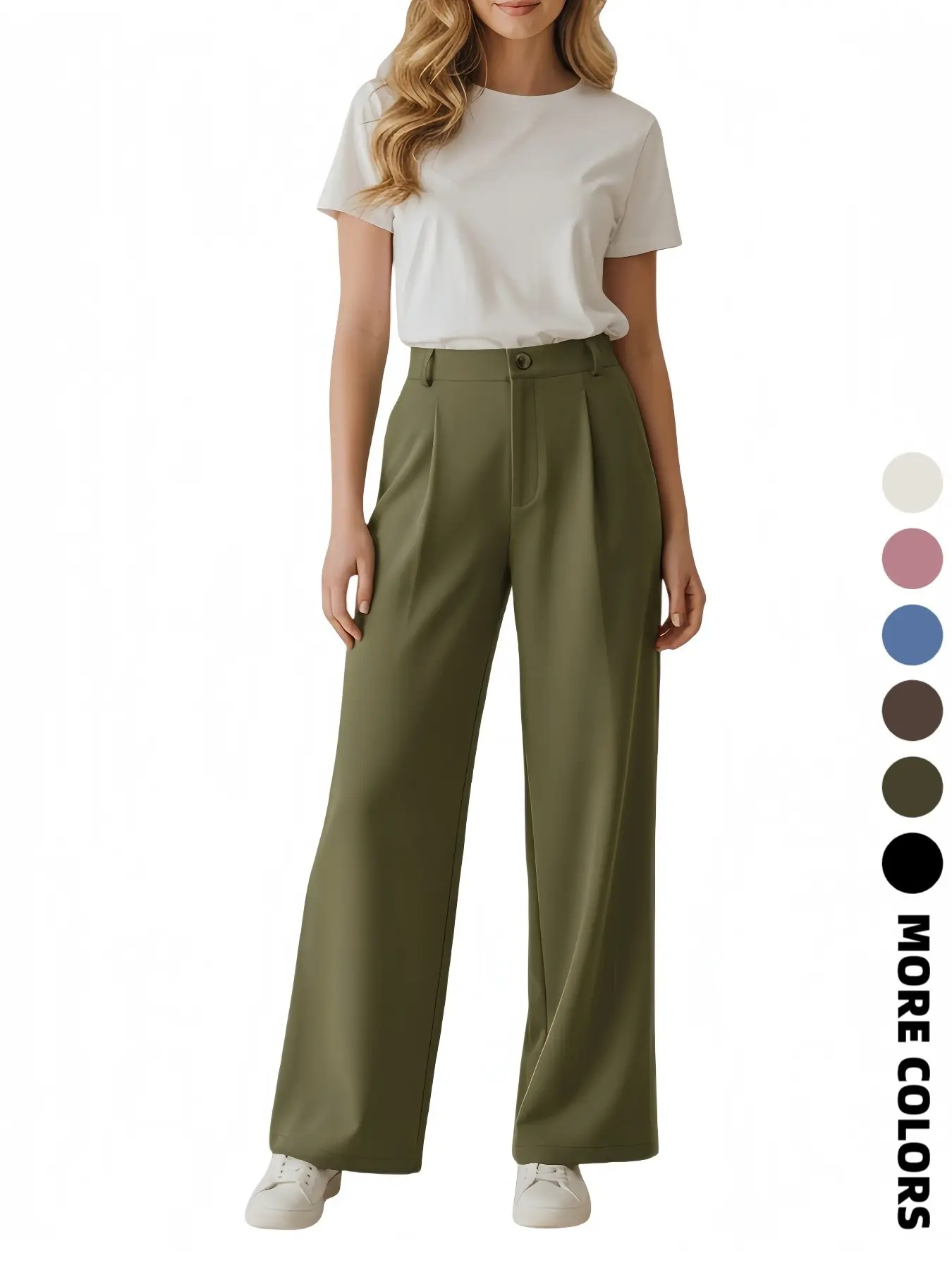 Women's Business Casual Plain Color Elastic Waist Button Fashion Trouser Pants, Casual Work Pants, Fitted H-Type, All Seasons, Stylish and Comfortable, Casual Chic Trousers, Womenswear
