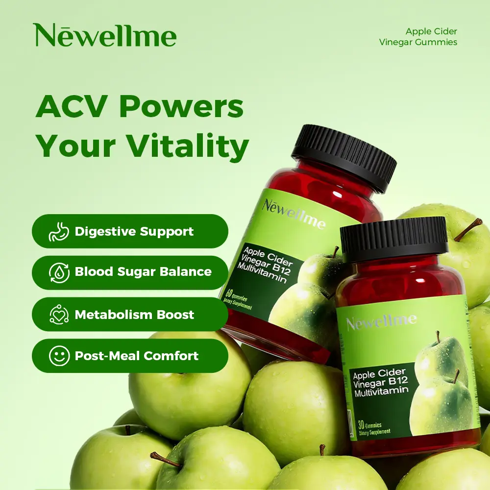 Newellme Apple Cider Vinegar Gummy Vitamins with Vitamin B12 Gelatin-Free Vegan Non-GMO Supports Energy Levels Digestive Health & Wellness