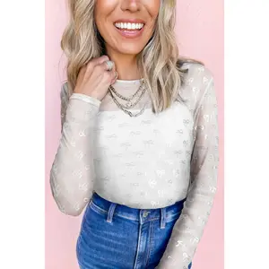 White Mesh Bow Pattern Long Sleeve Top