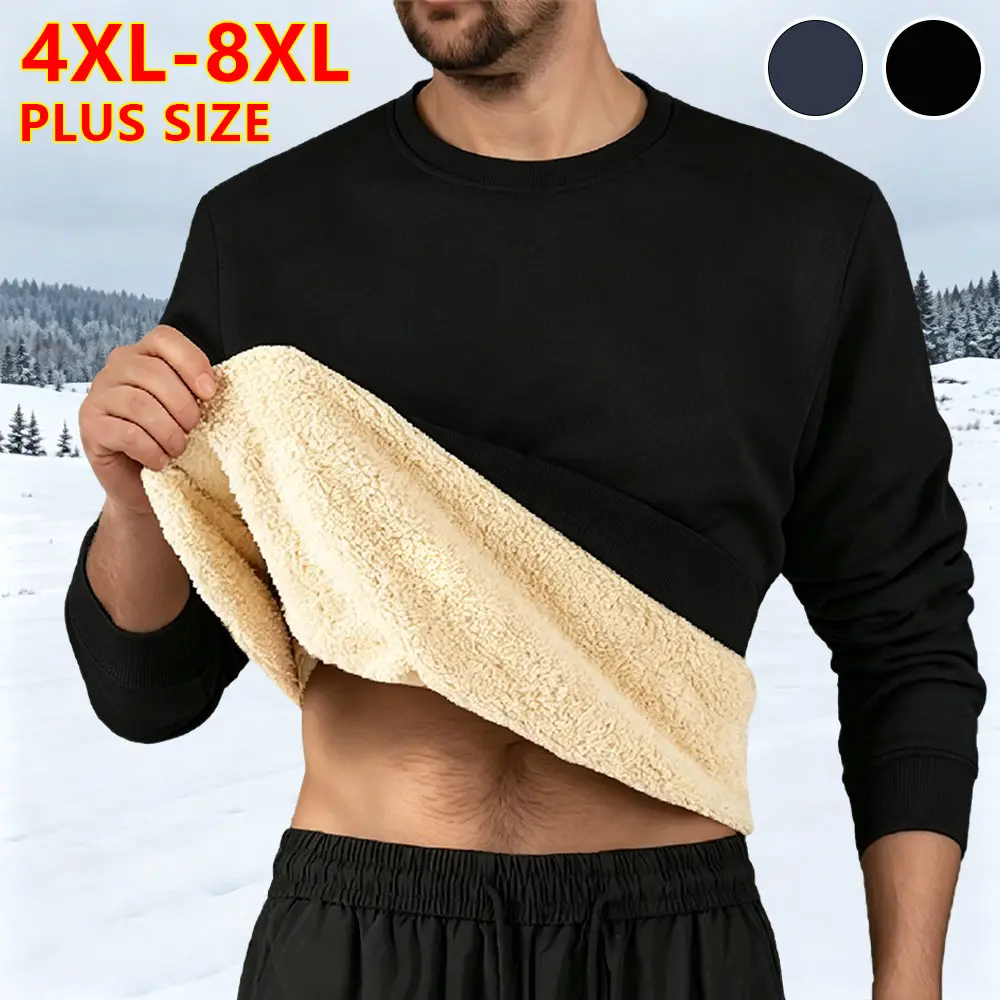 【4XL-8XL】Men’s plus-size crewneck solid-color fleece sweatshirt, thicker padded design; simple, versatile long-sleeve sweatshirt for men; ribbed neckline, cuffs, and hem; suitable for autumn/winter outdoor activities, daily commuting, and casual wear.