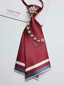 Pearl Flower Tie Without Collar, Striped Double Layer Pre-Tied Tie, Perfect for Casual Streetwear and Party, 1 Piece
