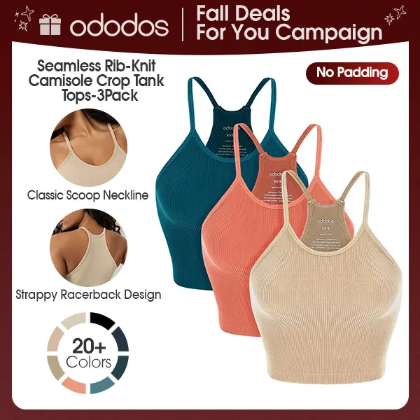 ODODOS Women's 3-Pack Seamless U-Neck Y-Type Fitted Tank Tops - No Padding, Rib-Knit Camisoles, 4-Way Stretchy Fabric, Soft Lightweight Summer Design for Yoga & Workout Wear
