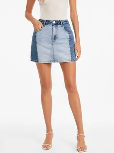 Two-Tone Denim Mini Skirt – Patchwork Light & Medium Wash