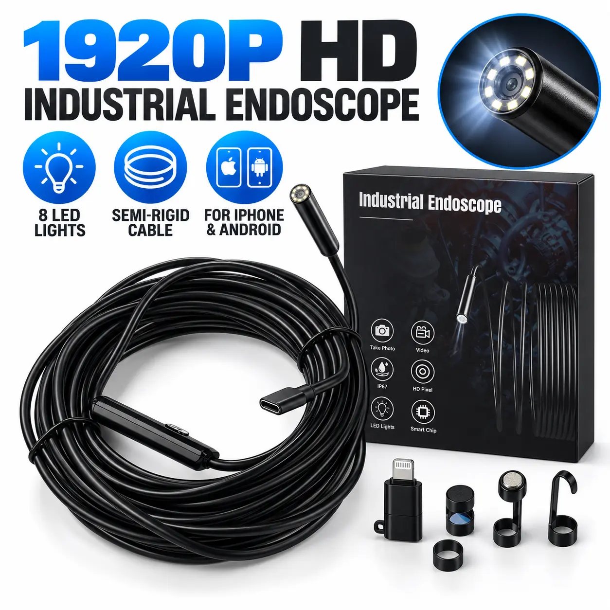 1920 HD Endoscope Camera with 8 LED Lights, Flexible Borescope Inspection Camera for Automotive Repair, Engine Inspection, Plumbing, HVAC Maintenance and Hard-to-Reach Areas