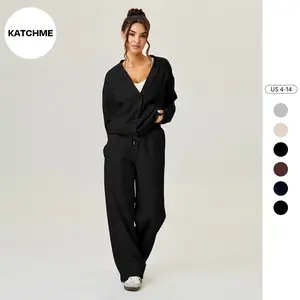 KatchMe Women's Slouchy Cozy Solid Color V Neck Long Sleeve Button Cardigan & Drawstring Waist Trousers Co-ord, Soft Loose Two Piece Outfits (CN)