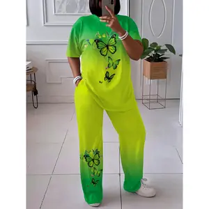 Plus Size Women's Butterfly Print Two-Piece Set - Gradient Casual Crew Neck Short Sleeve Top with Pockets, Loose Pants, Everyday Fashion, Everyday Fashion|Butterfly Print Top|Pocketed Top