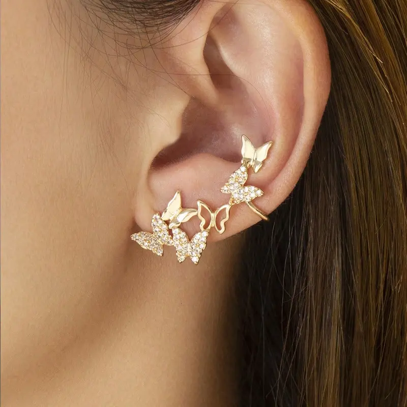 1pc Rhinestone Butterfly Ear Cuff - Single Ear Bone Accessory, Stylish Elegant Design for Daily Wear, Costume Jewelry Earrings, Butterfly Earrings, Alloy, Fashion