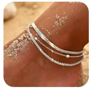 Women's Silver Ankle Bracelets - Dainty Layered Waterproof Herringbone Beaded Rope Chain Set, Adjustable Sparkly Double-Strand Mix-and-Match Anklets, Summer Beach Jewelry Gift