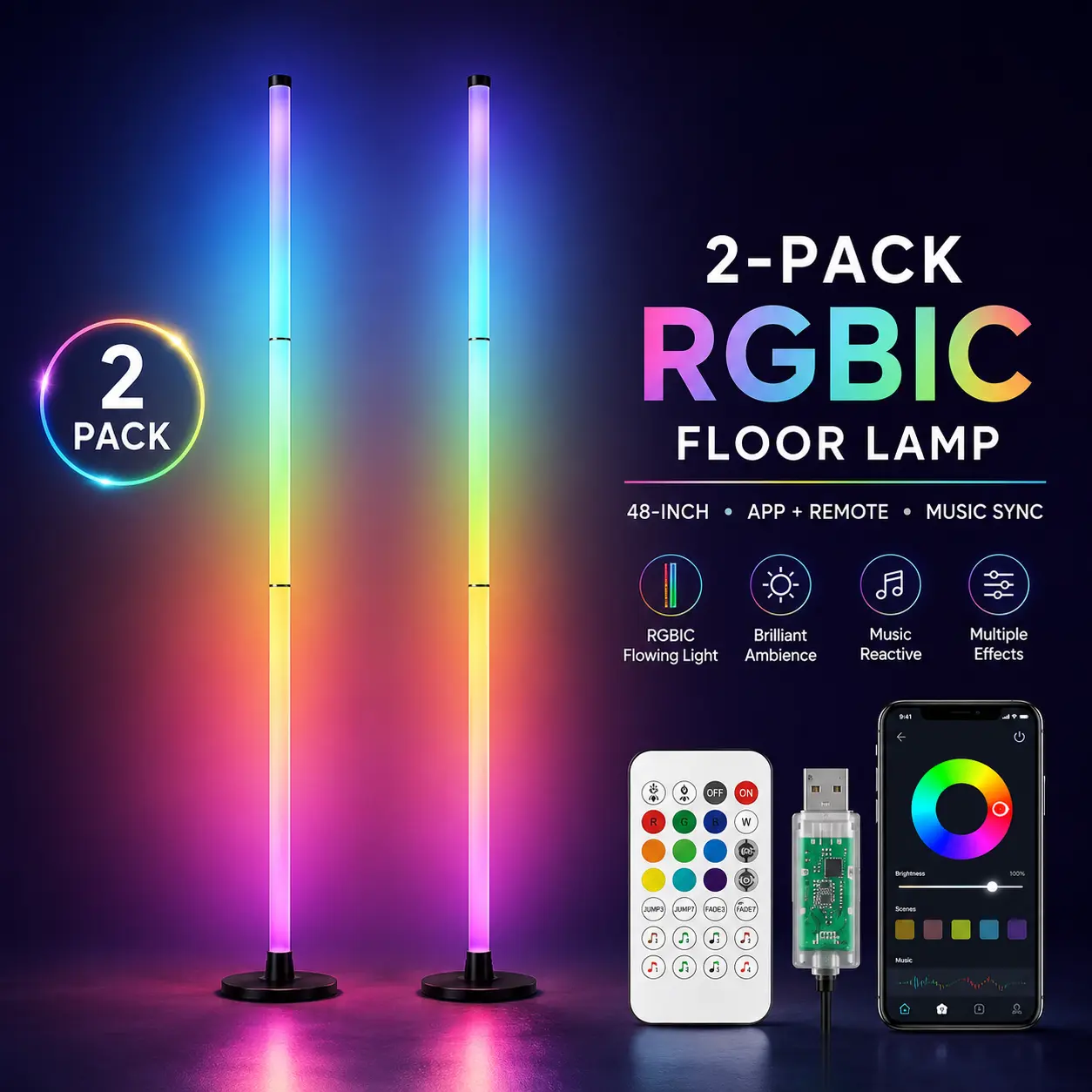 1PC/2PCS Smart RGB LED Floor Lamp - LED Lights with 16M Colors, 68+ Dynamic Scenes, Music Sync, USB-Powered, for Living Room Decor, Home Decor Items, Lights for Bedroom, Gaming Setup Accessories, Holiday Gifts