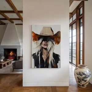 Abstract Cowgirl Wall Art - Modern Western with Blonde Woman in Cowboy Hat, Rustic Farmhouse Style for Unique Decor Poster Unframed - 5 size, 8x12 to 27x40