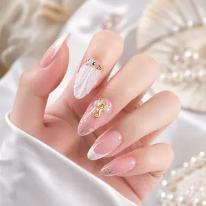 Mermaid Shell French Tip Press On Nails Medium Almond – 3D Seashell Nude Pink Fake Nails with Gold Beads, Glossy Reusable 24Pcs Nail Kit for Party & Wedding