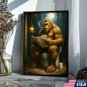 Funny Bigfoot Bathroom Wall Art, Sasquatch Reading Newspaper Picture Print, Rustic Cabin Decor for Toilet or Restroom, Bigfoot unframed poster Gift for Him Father's Day
