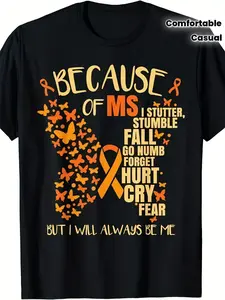 MS Consciousness Ribbon Cotton T-Shirt-Multiple Sclerosis Charity Gift, White MS Society Logo Shirt, Comfortable Round Neck Casual, Four Seasons Charity Donation Clothing, for women, all-day comfort, office commute, Memo