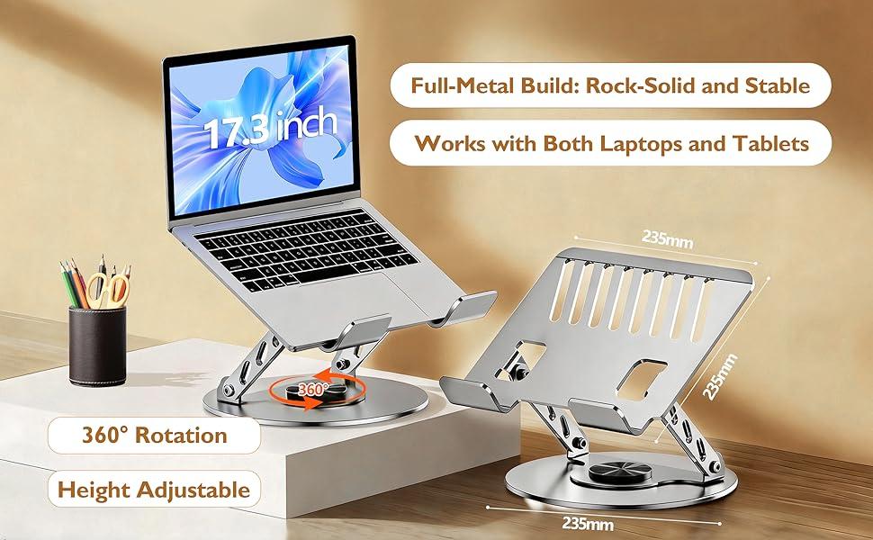 360° Rotating Laptop Stand Adjustable Foldable Aluminum 2-in-1 Multifunctional Hub for Gaming & Mobile Portable Holder Compatible with MacBook