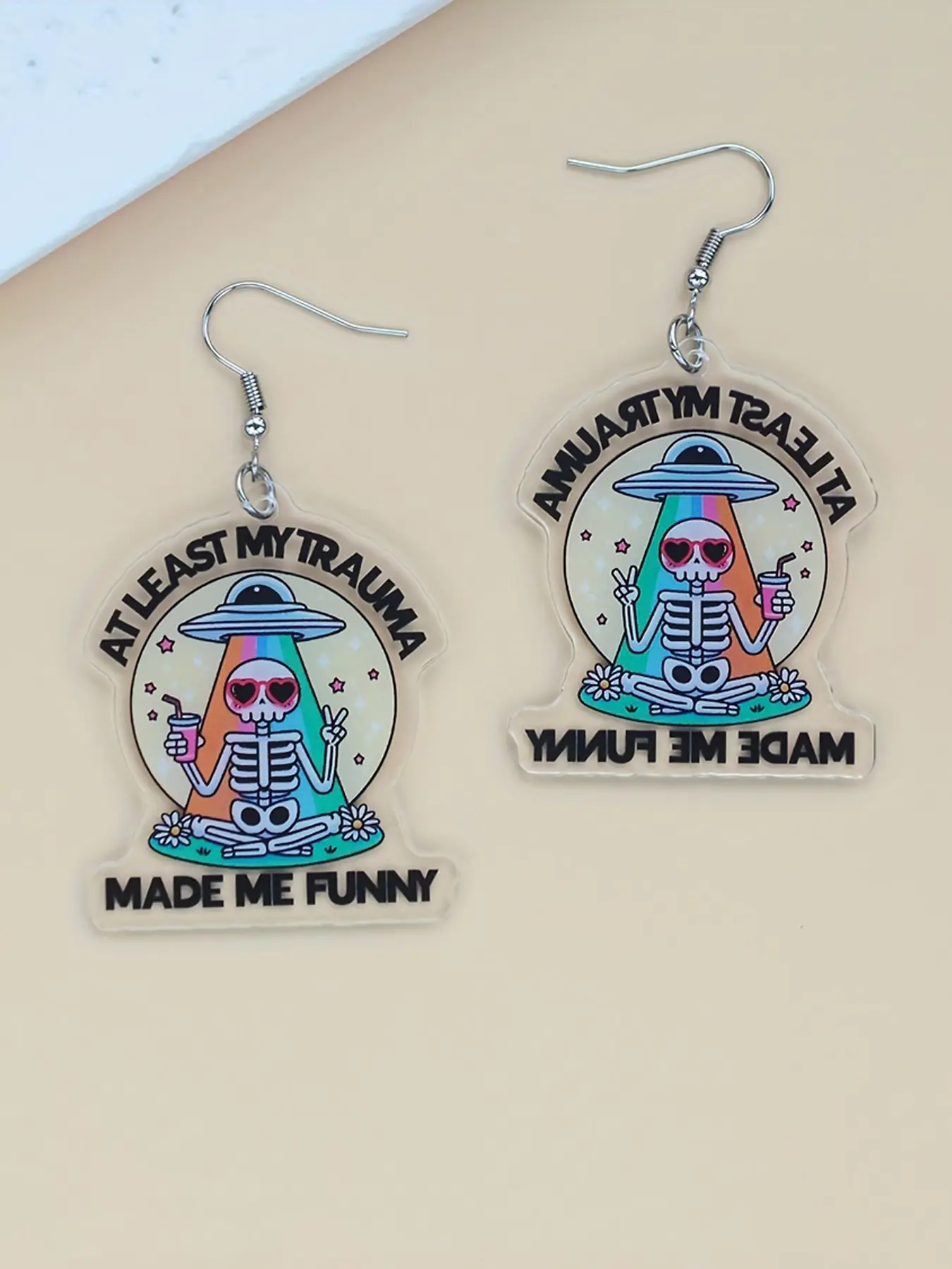 Funny Skeleton Acrylic Earrings, Statement Earring, with "LEAST MY TRAUMA", "MADE ME FUNNY", Humorous Quotes - Skeleton in Rainbow Hat & Floral Design, Lightweight Acrylic & Stainless Steel Hooks, Quirky Party Gifts for Women & Girls, Quirky Earrings