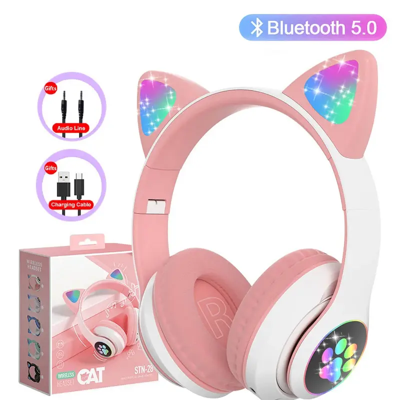 Cute Cat Ears On-Ear Bluetooth 5.0 Stereo Headset for Kids - Adjustable Length Hinges, Flash Rainbow Lights, Mic, TF Card Play, MP3 Support, Foldable, USB Charging, 3.5 mm Jack, 20hz-22khz, Call Control, Rechargeable Birthday Gift