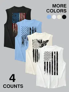 🇺🇸🦅4 Pack Set Patriotic USA Flag Tank Tops Vest Top | 1776 & Eagle Graphic Sleeveless Shirts | Vintage Washed Casual Outdoor Tops