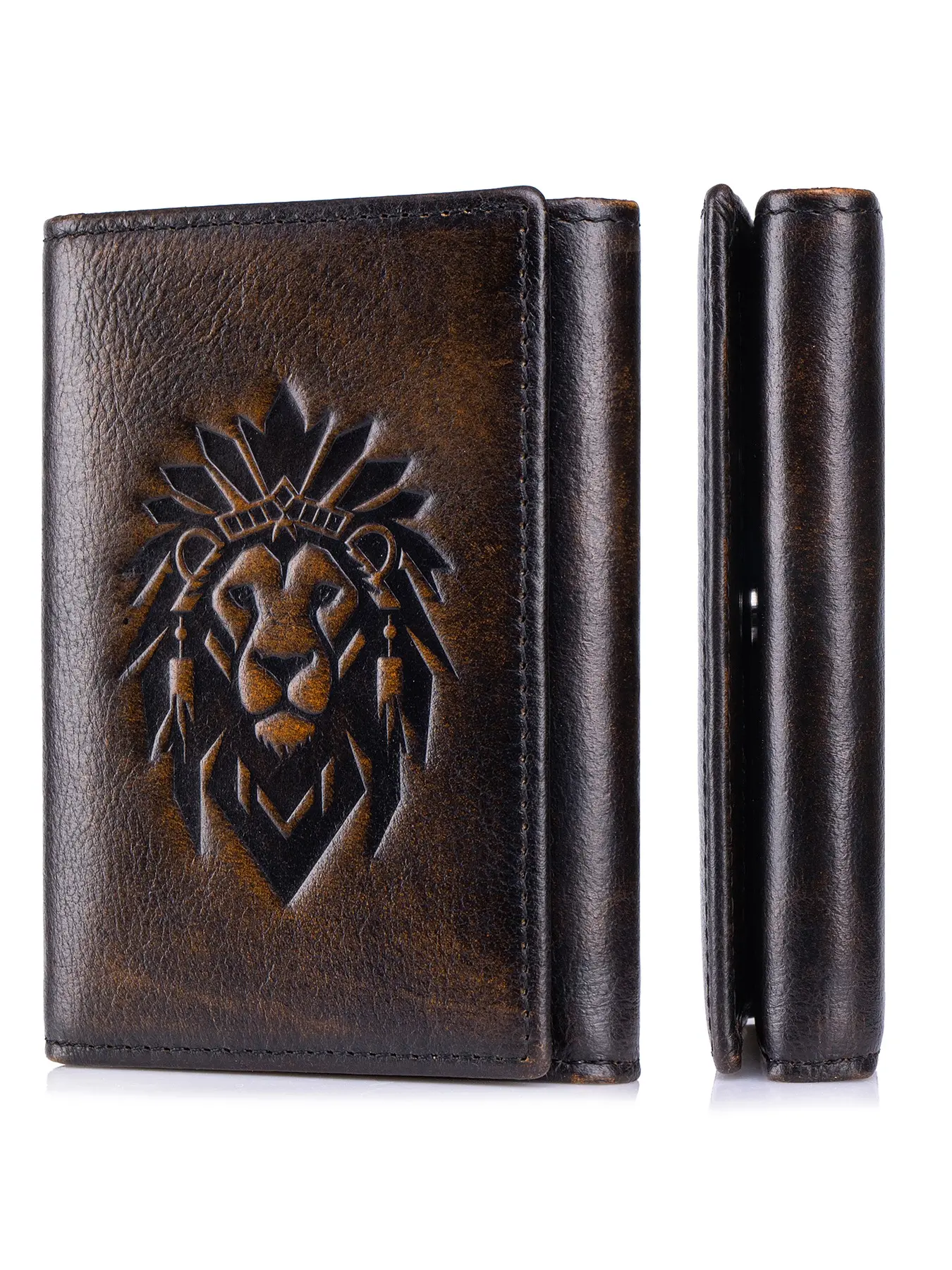Vertical Retro Men's Genuine Leather Tri-Fold Wallet, RFID Blocking, 8 Credit Card Slots with ID Window & Bill Compartment, Leather Wallets, Trifold Wallet