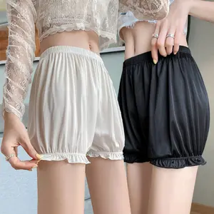 Lolita Cosplay Satin Bloomers Safety Pants Women Ruffled Pumpkin Pants Anti Exposure Elastic Lantern Shorts Dress Pettipants White Light Womenswear