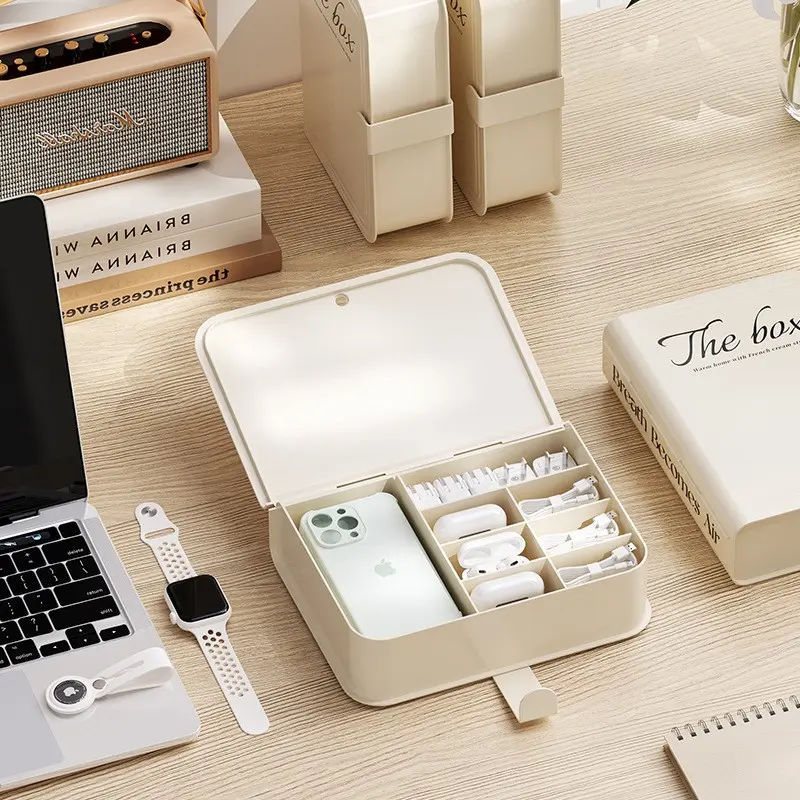 Cable Management Box, Desktop Organizer for Phone Chargers, Plugs, Data Cables, Sturdy Abs Material, Lid Included, Ideal for Home Office, Gaming, Tech Desks
