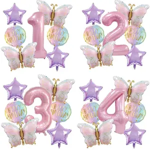 Pink Butterfly 32inch Number Balloon Set Gradient Happy Birthday Baby Shower Decor Helium Balloon Birthday Party Wedding Globos