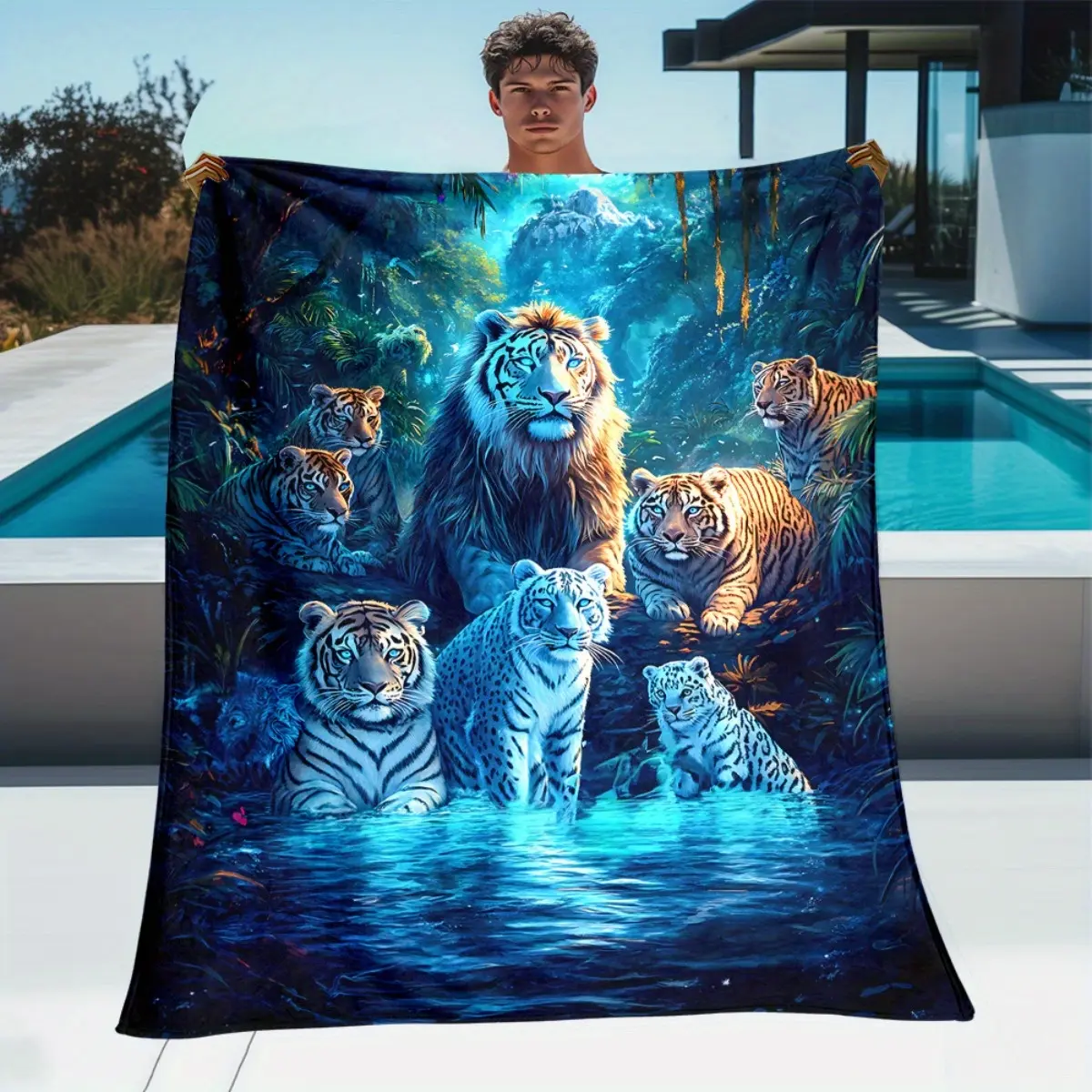Forest Tiger Pattern 100% Flannel Blanket - Super Soft Anti-Static, Lightweight Body-Warming Fluffy Animal Artwork Outdoor Adorable Style Blanket for Sofa, Home & Office Decoration, Fluffy Blankets, Outdoor Blankets