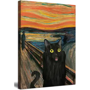 JSXOVDL Funny Bathroom Wall Art Abstract Cat Canvas Print Vintage Famous Painting Animal Scream Cat Poster Famous Art Parody Artwork for Bathroom Bedroom Living Room Office 12x16in Unframed