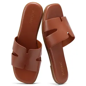 KIDMI Women's Dressy Flat Sandals Comfortable Slip-On Leather Slide Sandals Summer Beach Sandals Fashion Open Toe Casual Sandals