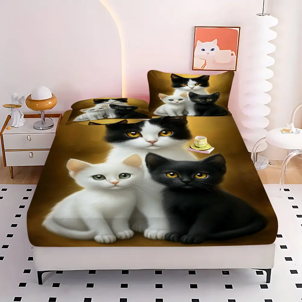 3PC Cat Soft Breathable Bed Sheet Set, Bed Fitted Sheet Three-Piece Set (1*Fitted Sheet + 2*Pillowcases, No Core), Suitable for Bedroom, Guest Room, Apartment, School, Four Seasons Bedding, Breathable, Machine Washable, Comfortable, Multi-Functional Mattr