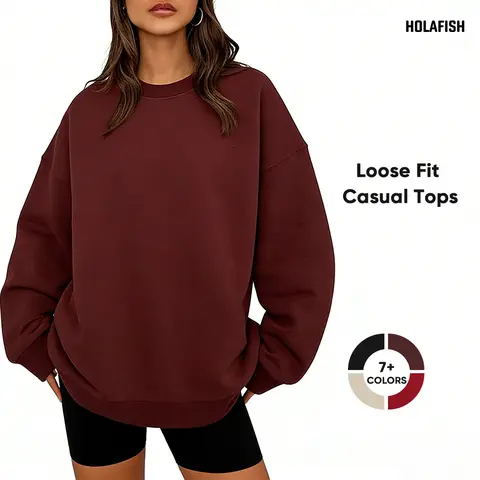 Women's Chic Korean Crew Neck Fleece-Lined Baggy Oversized Cotton Blend Hoodie - Loose Fit Everyday Pullover, Casual Polyester Long-Sleeve Top for Fall OOTD, Thanksgiving