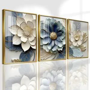 3 Counts Aluminum Alloy Framed Painting, Elegant Blue And Beige Flower Art Pictures, Home Decoration For Living Room, Bedroom, Office, Restaurant, Hallway Wall Decor, Odorless Print Artwork, Luxury Perfect Gift For Friends And Family