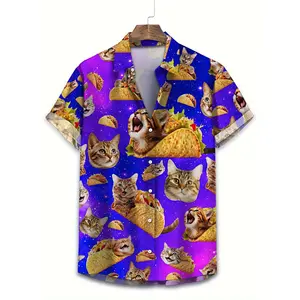 Men's Casual Cat Print Hawaiian Shirt, 100% Polyester Short Sleeve Button-Down - With Collar, Regular Fit Summer Top, Suitable for Weekend Casual Wear, Novelty Shirt|Quirky fashion tops|Glossy surface