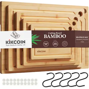 Kikcoin 10PCS Bamboo Cutting Board Set with Hooks and Tray, Natural Bamboo Kitchen Gadgets with Juice Grooves, Knife-Friendly Design, Space-Saving Storage, Easy to Clean and Maintain, Perfect Kitchen Gift for Family and Friends80's cutting board