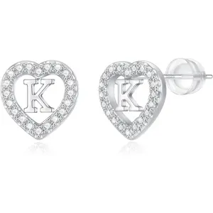Sterling Silver/Rose Gold Heart Initial Stud Earrings for Little Girls Kids Baby, Non Tarnish Hypoallergenic Ideal Gift Jewelry for Teen Girls