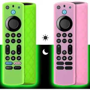Silicone Remote Case (2pcs, Glow in The Dark) for Firestick 4K Max/Toshiba/Insignia/Pioneer/Omni (QLED) Series Alexa Voice Remote Enhanced w/Lanyard (Green + Pink) Multicolor