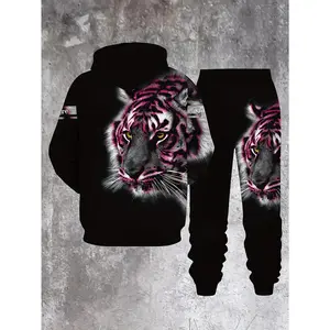 Spring and Autumn Men's Sweatshirt Set Animal Tiger Head Print Hoodie Two-Piece Set for Men
