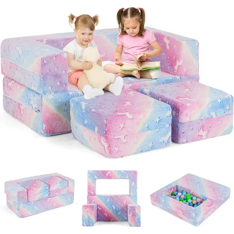 Costway Modular Play Couch, Glow in The Dark Fold Out Children Sofa Couch, Bedroom Playroom Furniture for Toddlers, Comfy Foam and Floor Cushion Gift for Boys Girls 3+