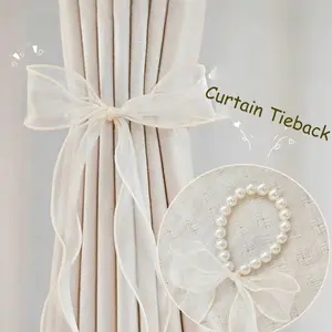 Ribbon Faux Pearl Curtain Tieback, French Style Pearl Bow Tie, Gauze Ribbon Curtains Holder, Elegant Design for Bedroom & Living Room, Interior Decoration Accessories