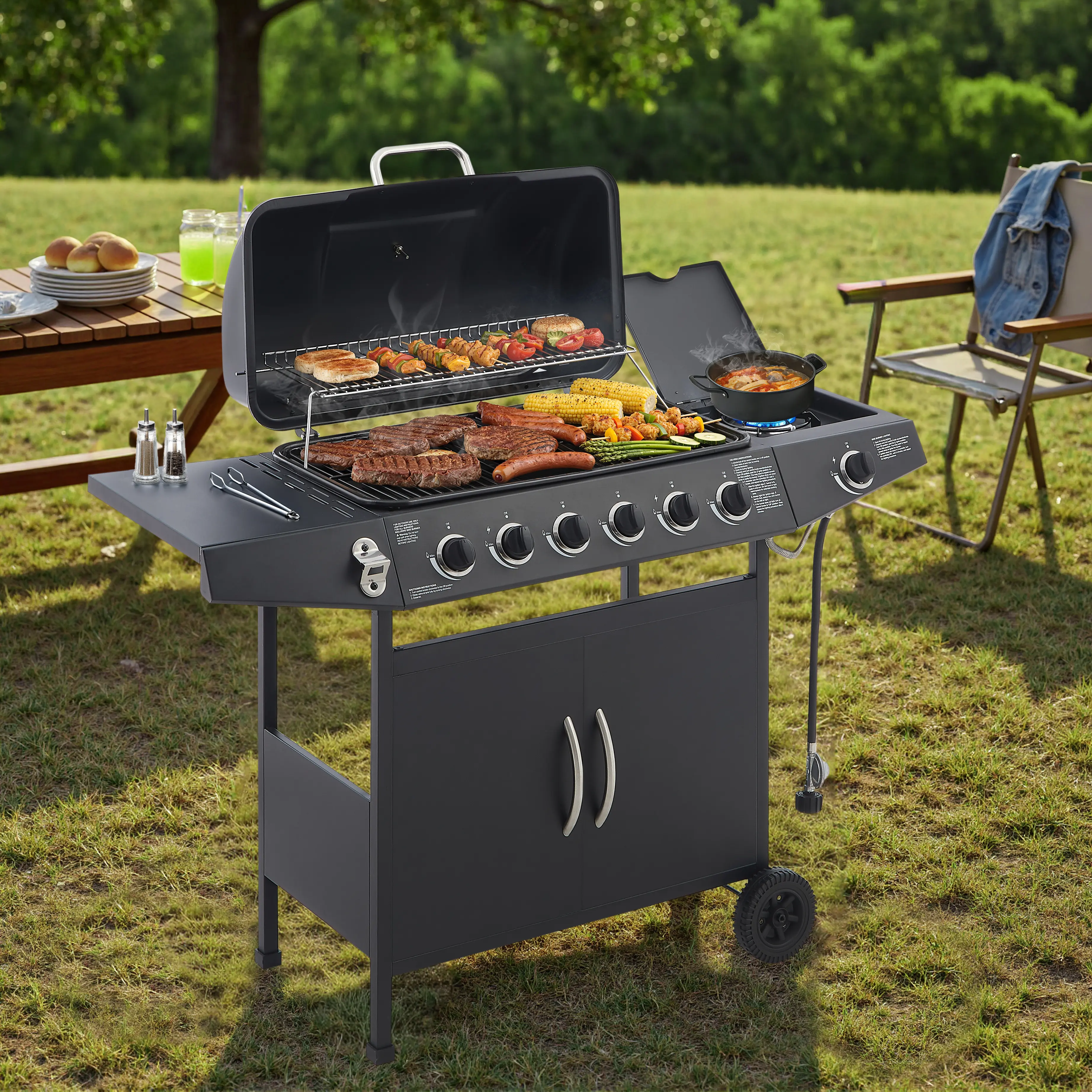 6-Burner Propane Barbecue Grill with Side Burner, 59000 BTU Heat Output, Foldable, Rotatable, Rust Resistant for Outdoor Cooking & Patio Use