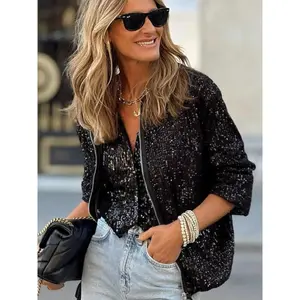 Sparkling Baseball Jacket for Young Women, Fashionable Zipper Closure, Full Sequins, Party and Daily Wear, All Seasons