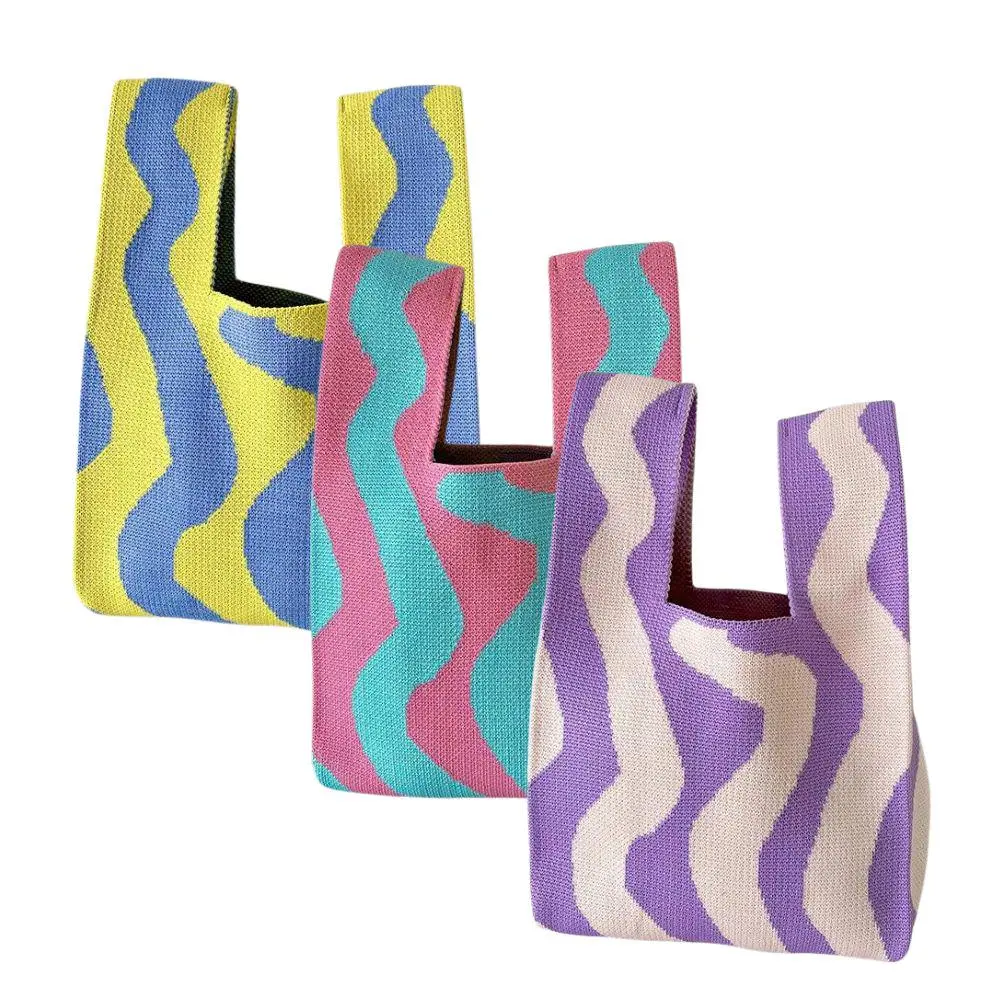 Women's Polyester Knit Wrist Bags - 3pcs Wavy Striped Mini Tote, Color Block Portable Wrap Handle Knot Purse for Shopping, Daily Use Gift