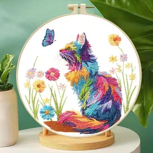 Rainbow Cat Flower Embroidery Kit for Beginners, Full DIY Colorful Cat Embroidery Starter Set with Hoop, Threads & All Tools