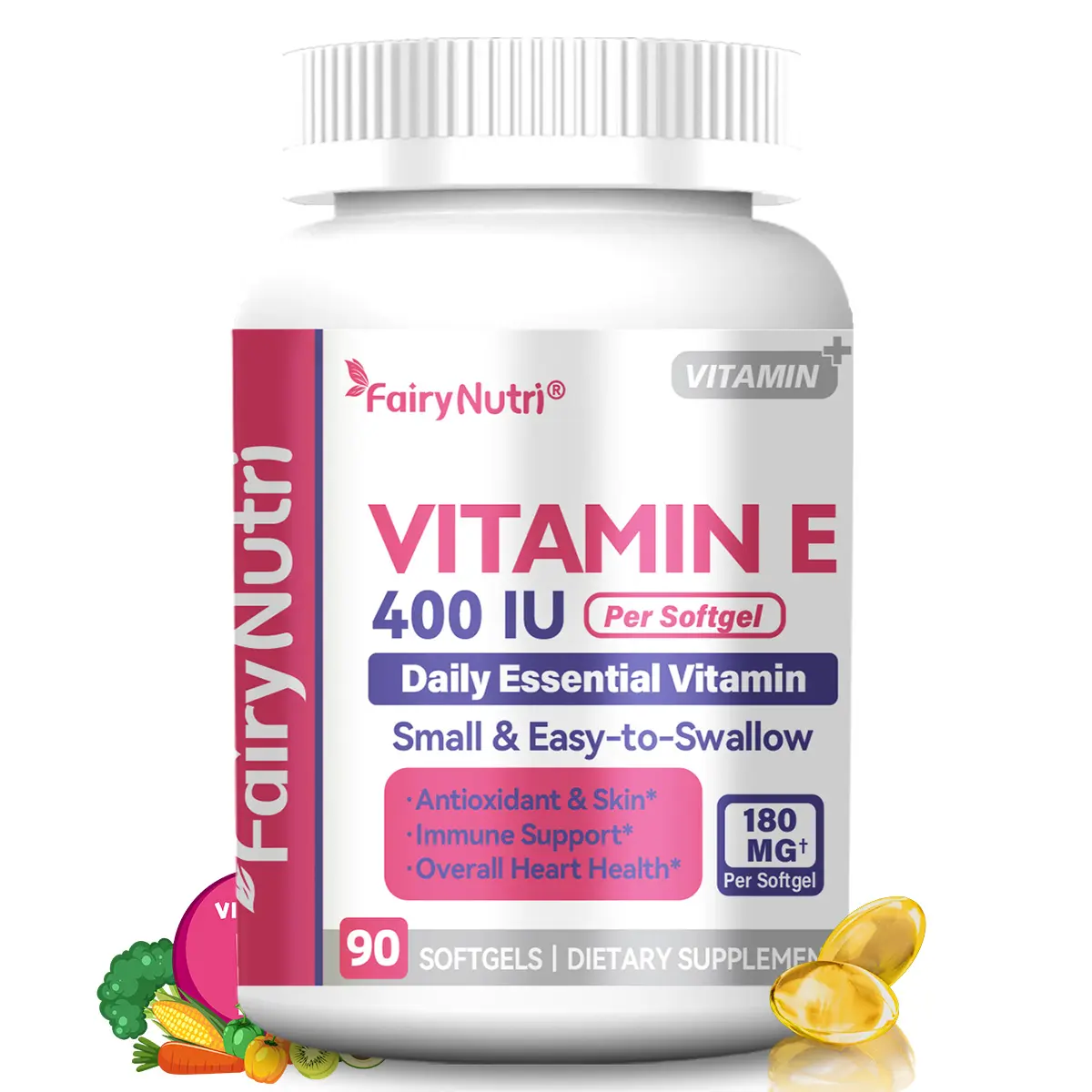 FairyNutri Natural Vitamin E Softgels - 180mg 400 IU Per Capsule, Adults' Daily Dietary Supplement, Capsule Antioxidant, Immune Support Vitamins Supplements, Supports Skin, Gluten & Allergen Free, 90 Count, cGMP Certified, Dietary Supplements, Daily Suppl