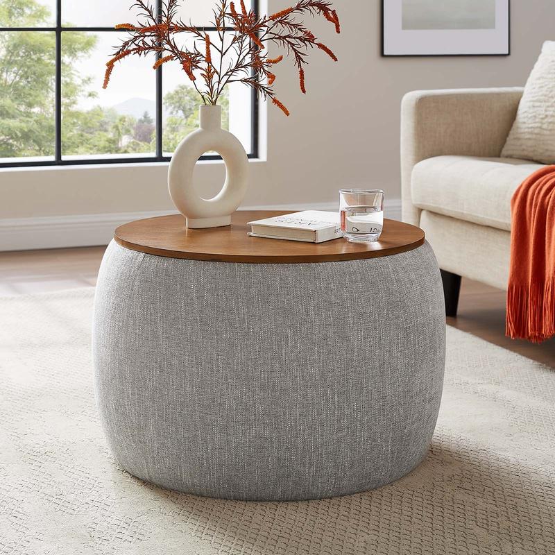 Modway Perla Upholstered Fabric Storage Ottoman in Heathered Weave Wheat