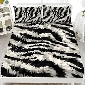Fitted Sheet 3-Piece Set - 2D Flat Printed Black and White Zebra Stripe Plush Pattern Mattress Covers, Available in 10 Sizes (1 fitted sheet + 2 pillowcases, no insert). skin-friendly and breathable bedding, suitable for family bedrooms .