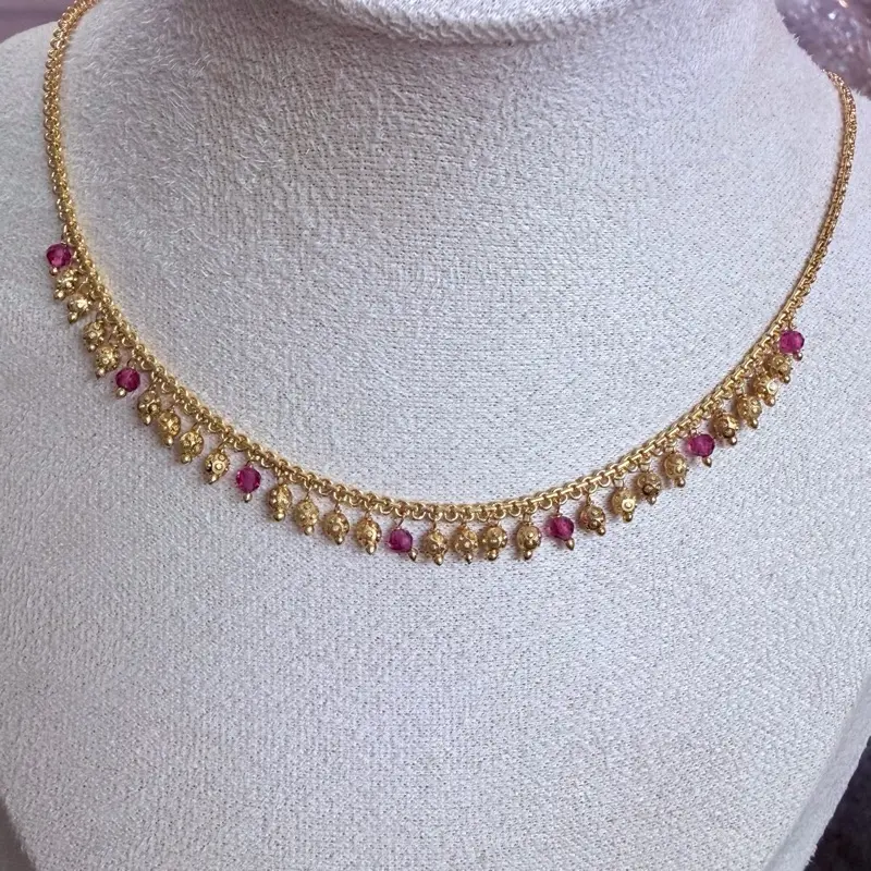 Women's Baroque Ruby-Colored Beaded Gold-Plated Necklace - Luxurious Costume Jewelry, Chain Link Accessory, 17.5 in, Jewelry for Women, Female Gift for Mother's Day, Birthday, Anniversary, Any Occasion