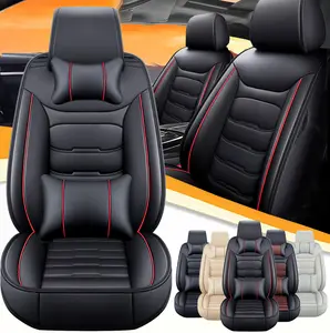 Universal for 5 Seats Full Set Car Seat Covers, Waterproof Leather Cushion Protectors, 40/60 Split Front and Rear Bench Seat, Breathable Auto Accessories, Universal Fits for Cars Automative Vehicles Sedans SUVs - (Black/Red)
